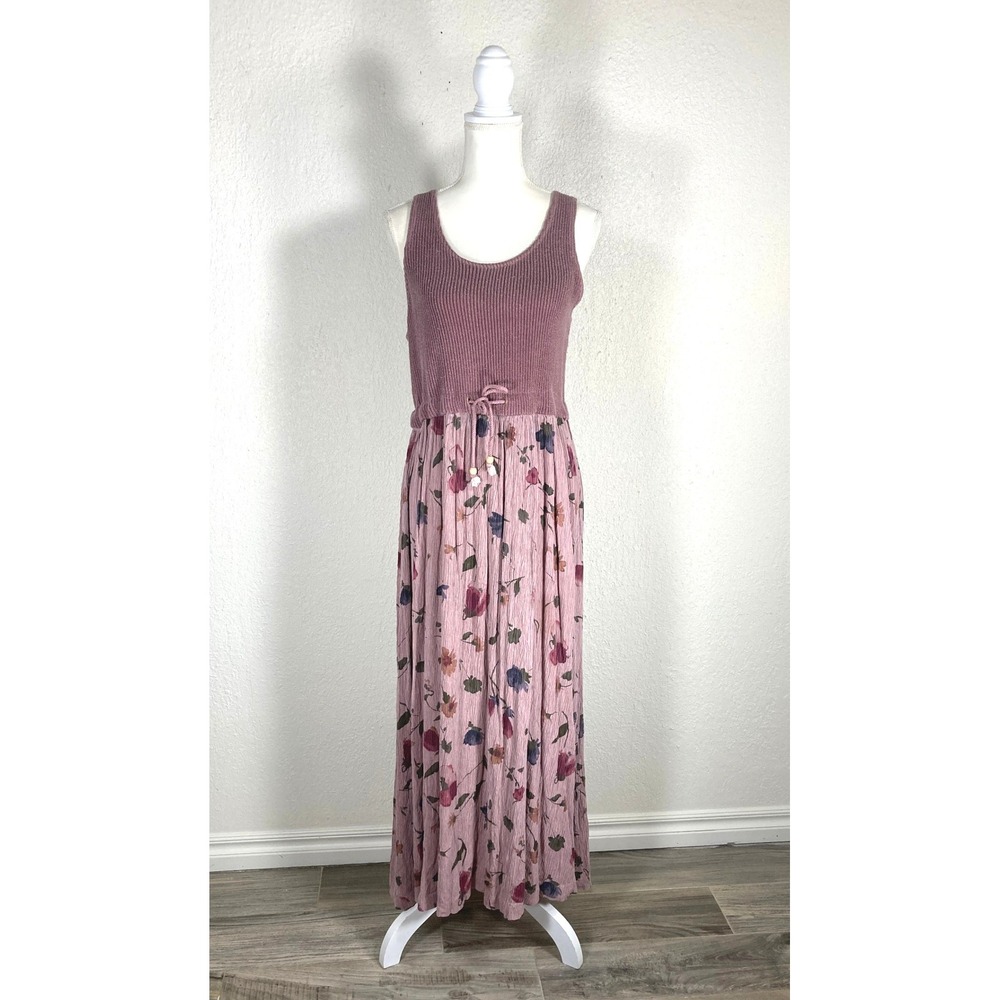 VINTAGE - Mazi Womens Ribbed Knit Floral Crinkle Gauze Maxi Dress in Pink/Mauve